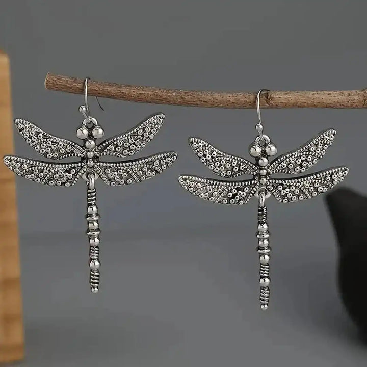 Silberne Vintage-Ohrringe mit Libellen-Gravurmuster, Retro-Stil